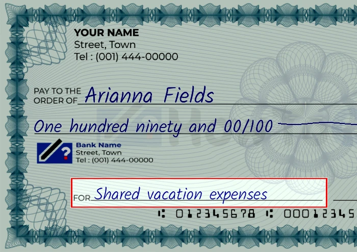 Step 5: Fill out the memo on the 190 dollar check, showing a check with 'Shared vacation expenses' written in the memo field