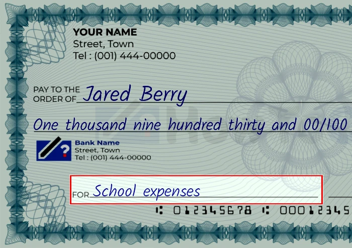 Step 5: Fill out the memo on the 1930 dollar check, showing a check with 'School expenses' written in the memo field