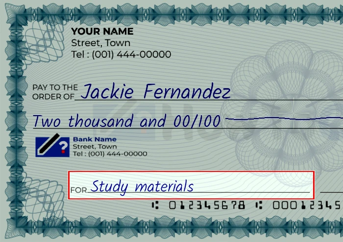 Step 5: Fill out the memo on the 2000 dollar check, showing a check with 'Study materials' written in the memo field