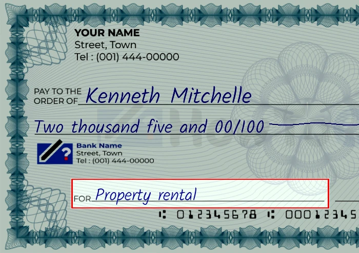 Step 5: Fill out the memo on the 2005 dollar check, showing a check with 'Property rental' written in the memo field