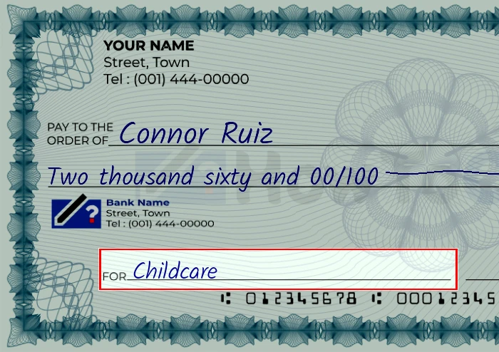 Step 5: Fill out the memo on the 2060 dollar check, showing a check with 'Childcare' written in the memo field