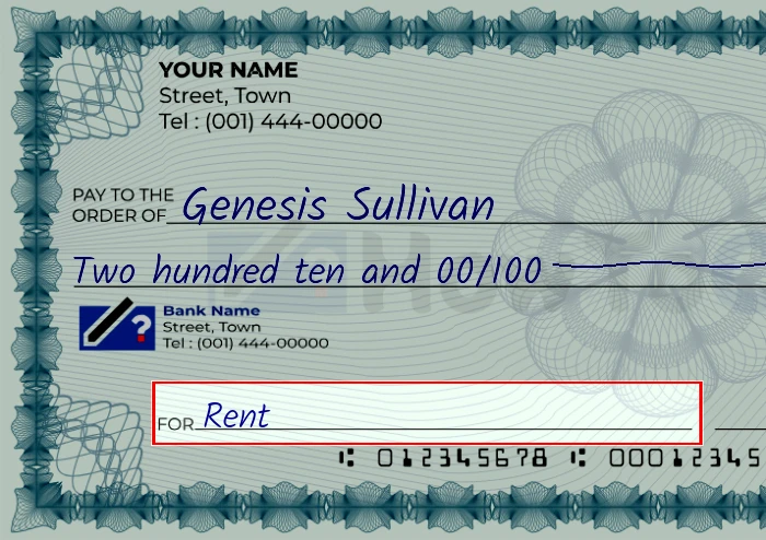 Step 5: Fill out the memo on the 210 dollar check, showing a check with 'Rent' written in the memo field