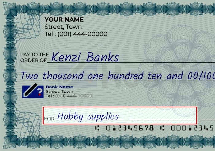Step 5: Fill out the memo on the 2110 dollar check, showing a check with 'Hobby supplies' written in the memo field