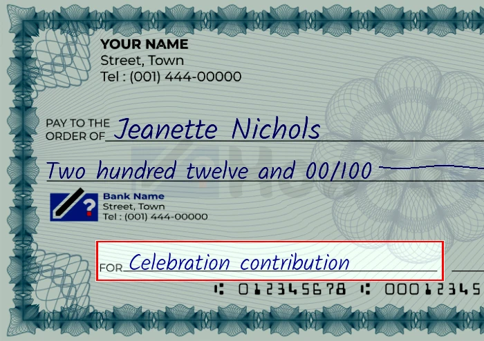 Step 5: Fill out the memo on the 212 dollar check, showing a check with 'Celebration contribution' written in the memo field