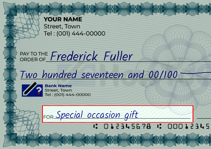 Step 5: Fill out the memo on the 217 dollar check, showing a check with 'Special occasion gift' written in the memo field