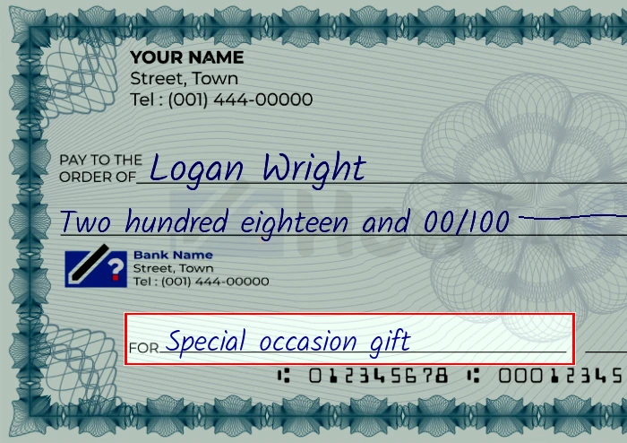 Step 5: Fill out the memo on the 218 dollar check, showing a check with 'Special occasion gift' written in the memo field