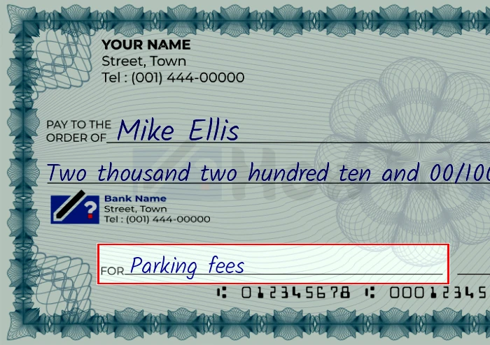 Step 5: Fill out the memo on the 2210 dollar check, showing a check with 'Parking fees' written in the memo field