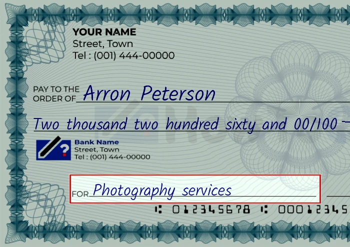 Step 5: Fill out the memo on the 2260 dollar check, showing a check with 'Photography services' written in the memo field