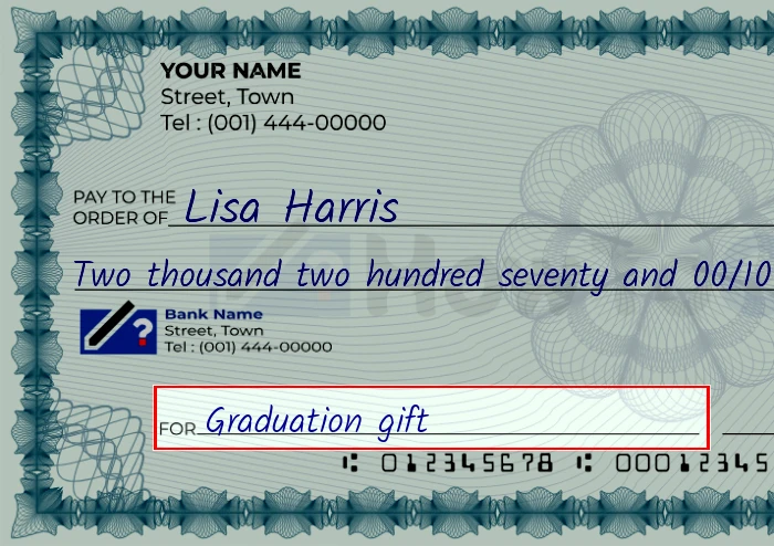 Step 5: Fill out the memo on the 2270 dollar check, showing a check with 'Graduation gift' written in the memo field