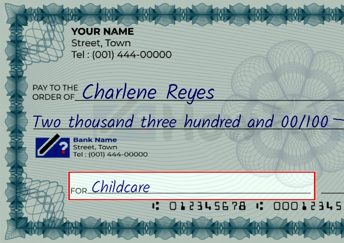 Step 5: Fill out the memo on the 2300 dollar check, showing a check with 'Childcare' written in the memo field