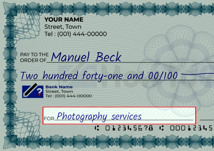 Step 5: Fill out the memo on the 241 dollar check, showing a check with 'Photography services' written in the memo field