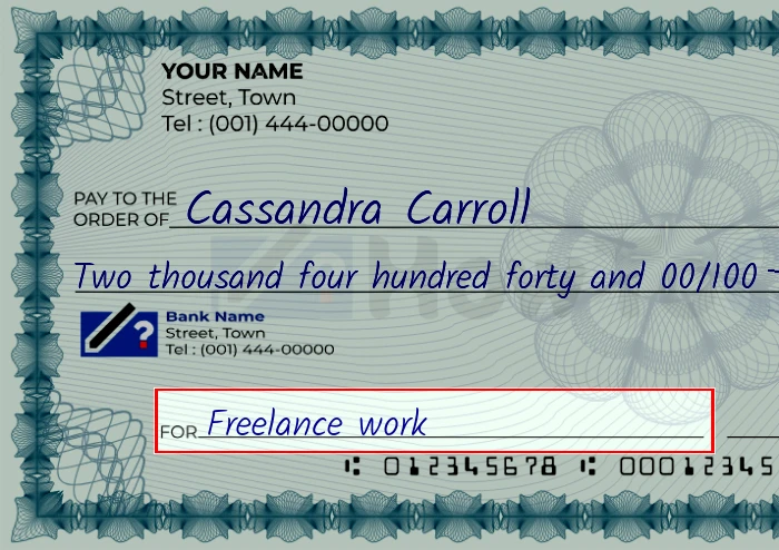 Step 5: Fill out the memo on the 2440 dollar check, showing a check with 'Freelance work' written in the memo field