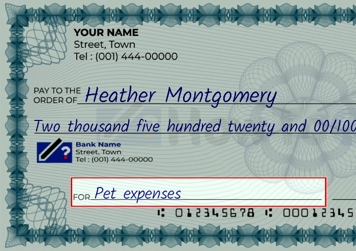 Step 5: Fill out the memo on the 2520 dollar check, showing a check with 'Pet expenses' written in the memo field