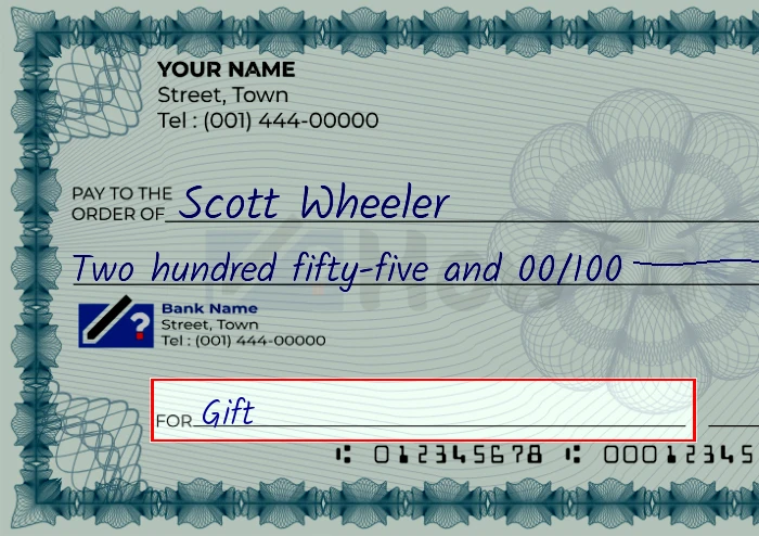 Step 5: Fill out the memo on the 255 dollar check, showing a check with 'Gift' written in the memo field