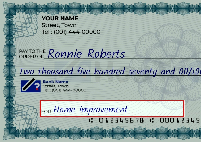 Step 5: Fill out the memo on the 2570 dollar check, showing a check with 'Home improvement' written in the memo field