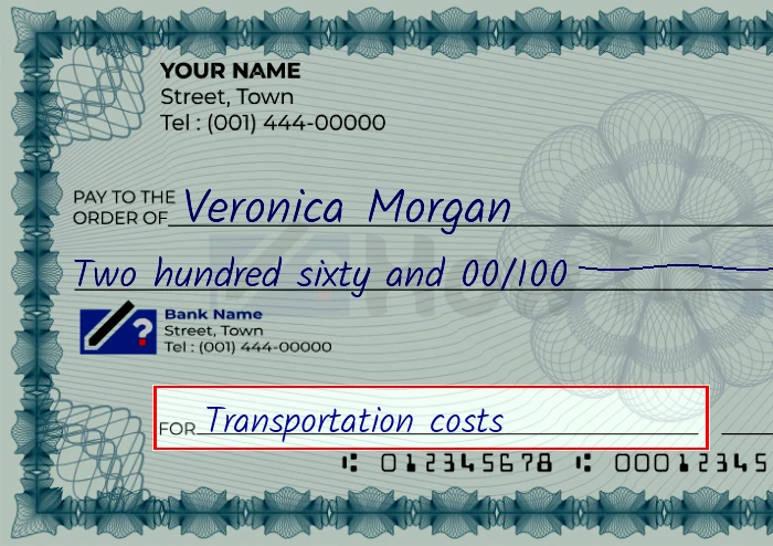 Step 5: Fill out the memo on the 260 dollar check, showing a check with 'Transportation costs' written in the memo field