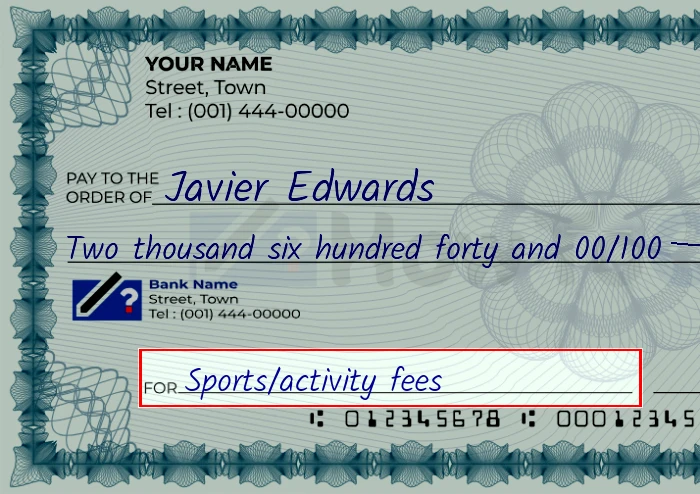 Step 5: Fill out the memo on the 2640 dollar check, showing a check with 'Sports/activity fees' written in the memo field