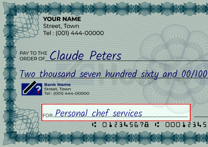 Step 5: Fill out the memo on the 2760 dollar check, showing a check with 'Personal chef services' written in the memo field