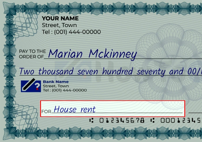 Step 5: Fill out the memo on the 2770 dollar check, showing a check with 'House rent' written in the memo field