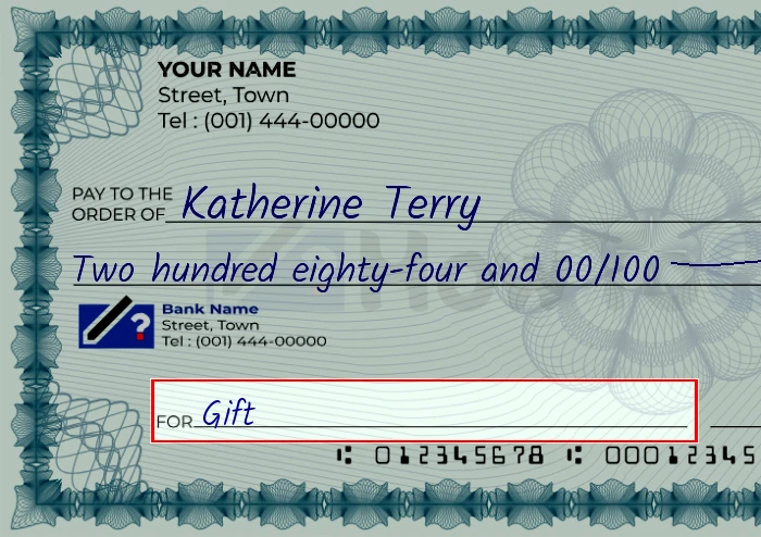 Step 5: Fill out the memo on the 284 dollar check, showing a check with 'Gift' written in the memo field
