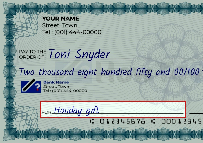 Step 5: Fill out the memo on the 2850 dollar check, showing a check with 'Holiday gift' written in the memo field