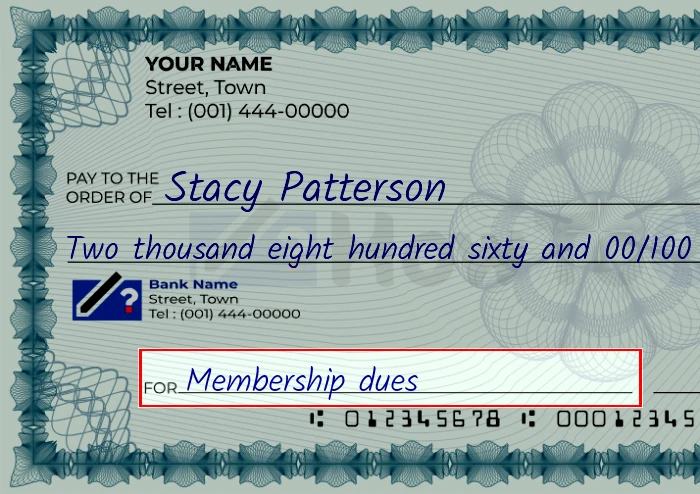 Step 5: Fill out the memo on the 2860 dollar check, showing a check with 'Membership dues' written in the memo field