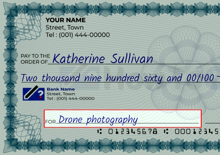 Step 5: Fill out the memo on the 2960 dollar check, showing a check with 'Drone photography' written in the memo field