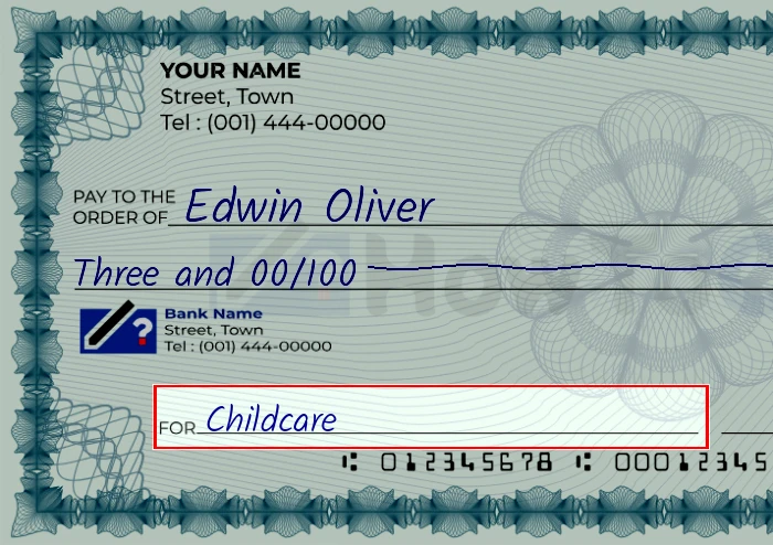 Step 5: Fill out the memo on the 3 dollar check, showing a check with 'Childcare' written in the memo field