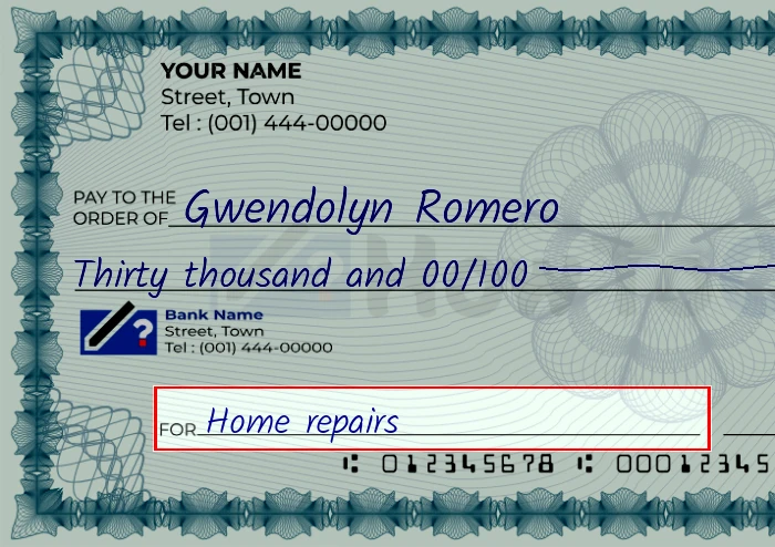 Step 5: Fill out the memo on the 30000 dollar check, showing a check with 'Home repairs' written in the memo field