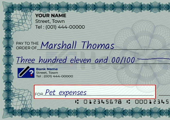Step 5: Fill out the memo on the 311 dollar check, showing a check with 'Pet expenses' written in the memo field