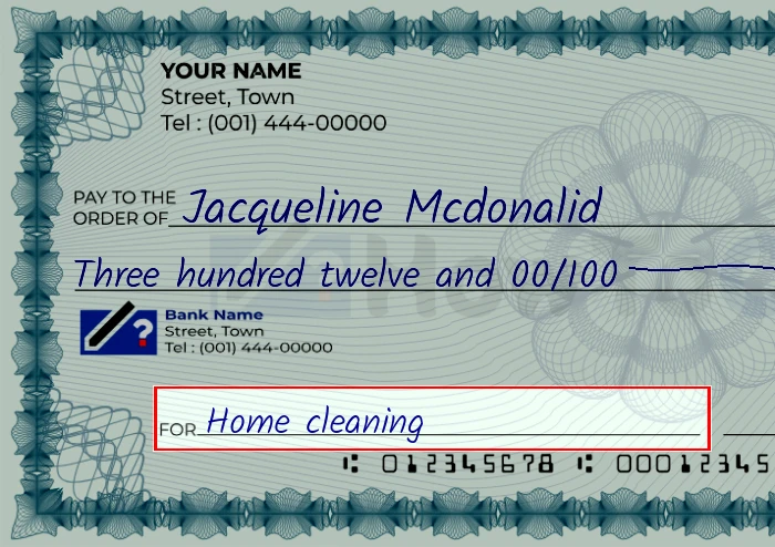 Step 5: Fill out the memo on the 312 dollar check, showing a check with 'Home cleaning' written in the memo field