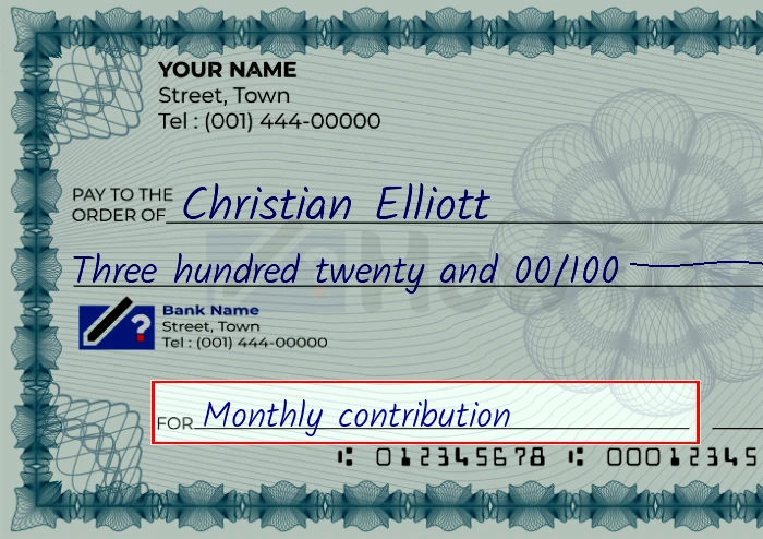 Step 5: Fill out the memo on the 320 dollar check, showing a check with 'Monthly contribution' written in the memo field