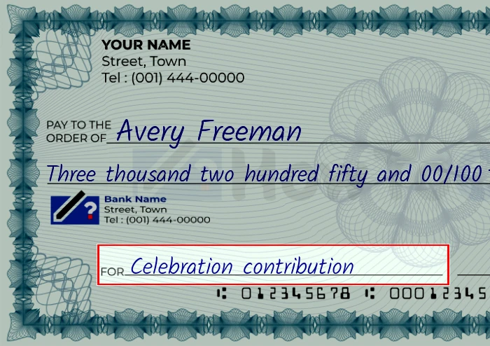 Step 5: Fill out the memo on the 3250 dollar check, showing a check with 'Celebration contribution' written in the memo field