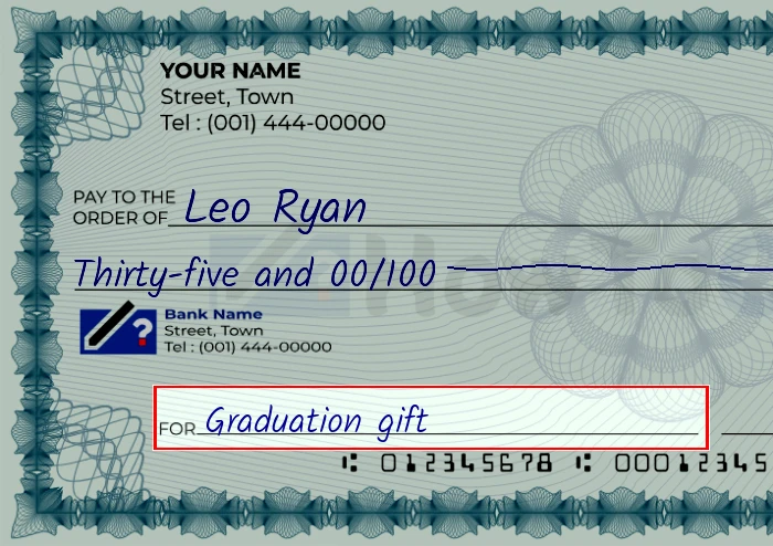 Step 5: Fill out the memo on the 35 dollar check, showing a check with 'Graduation gift' written in the memo field
