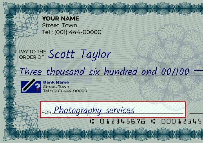 Step 5: Fill out the memo on the 3600 dollar check, showing a check with 'Photography services' written in the memo field