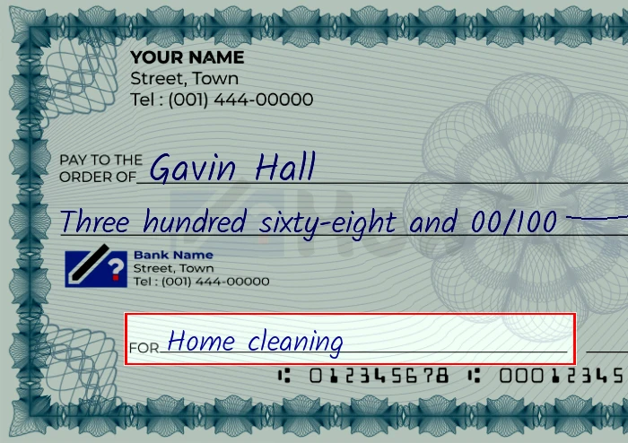 Step 5: Fill out the memo on the 368 dollar check, showing a check with 'Home cleaning' written in the memo field