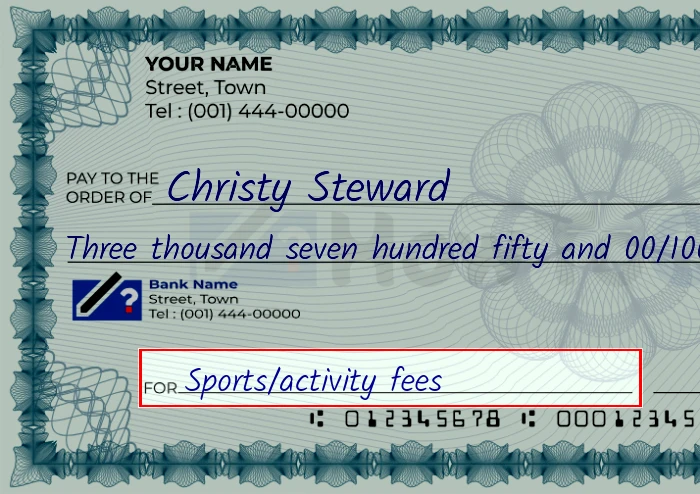 Step 5: Fill out the memo on the 3750 dollar check, showing a check with 'Sports/activity fees' written in the memo field