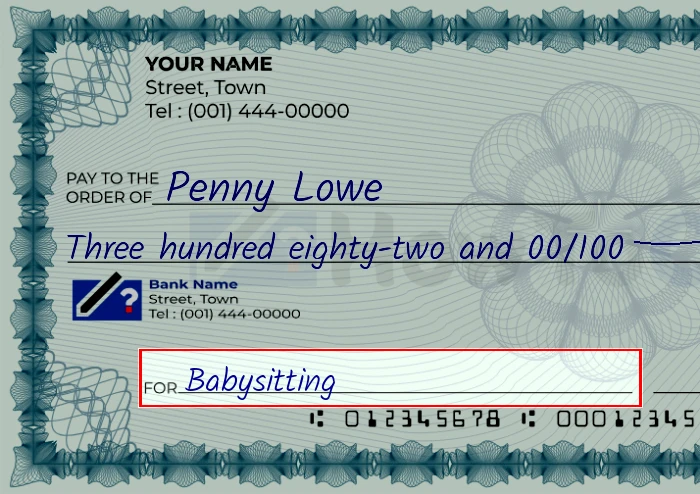 Step 5: Fill out the memo on the 382 dollar check, showing a check with 'Babysitting' written in the memo field