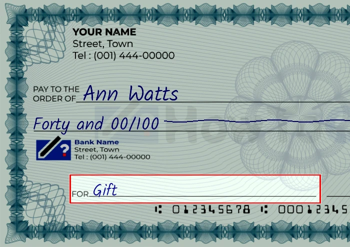 Step 5: Fill out the memo on the 40 dollar check, showing a check with 'Gift' written in the memo field