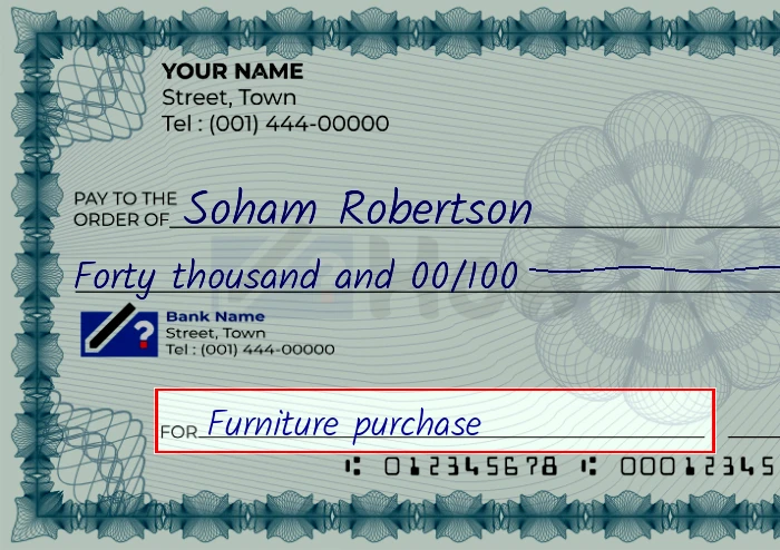 Step 5: Fill out the memo on the 40000 dollar check, showing a check with 'Furniture purchase' written in the memo field