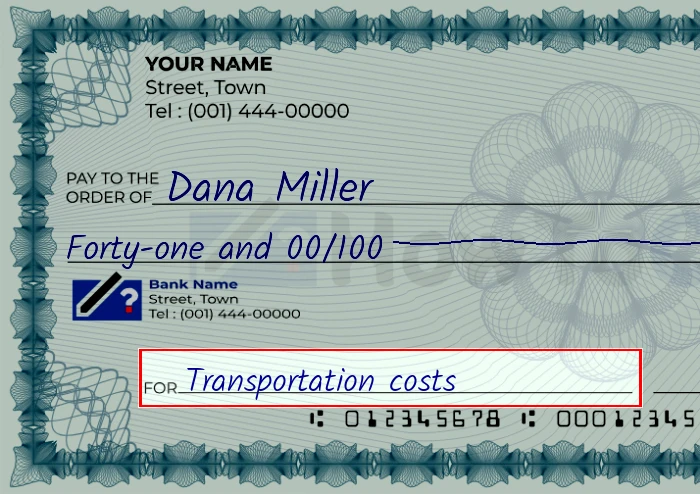 Step 5: Fill out the memo on the 41 dollar check, showing a check with 'Transportation costs' written in the memo field