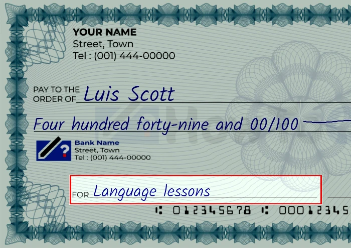 Step 5: Fill out the memo on the 449 dollar check, showing a check with 'Language lessons' written in the memo field
