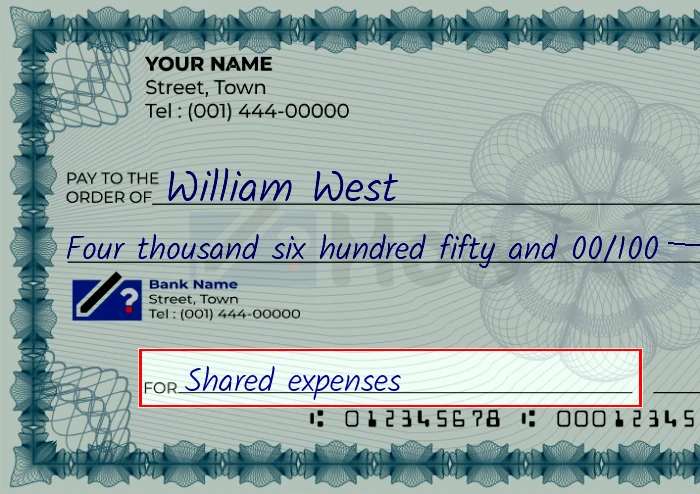 Step 5: Fill out the memo on the 4650 dollar check, showing a check with 'Shared expenses' written in the memo field