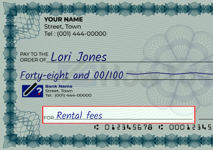 Step 5: Fill out the memo on the 48 dollar check, showing a check with 'Rental fees' written in the memo field