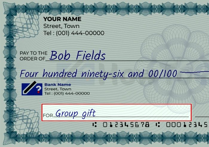 Step 5: Fill out the memo on the 496 dollar check, showing a check with 'Group gift' written in the memo field