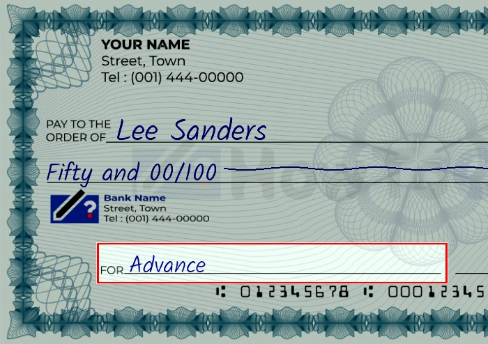 Step 5: Fill out the memo on the 50 dollar check, showing a check with 'Advance' written in the memo field