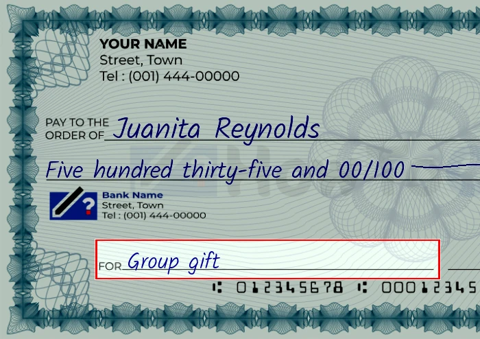 Step 5: Fill out the memo on the 535 dollar check, showing a check with 'Group gift' written in the memo field