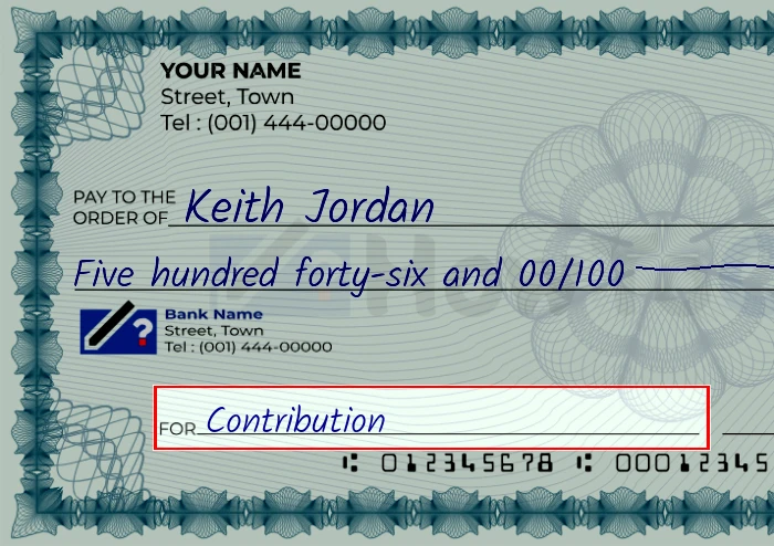 Step 5: Fill out the memo on the 546 dollar check, showing a check with 'Contribution' written in the memo field