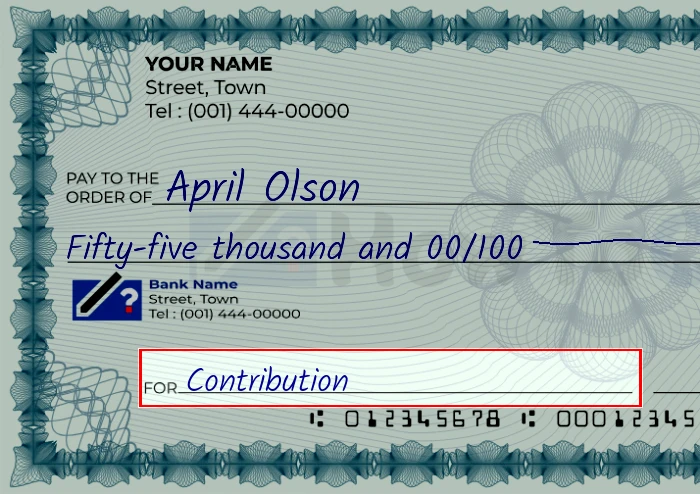 Step 5: Fill out the memo on the 55000 dollar check, showing a check with 'Contribution' written in the memo field