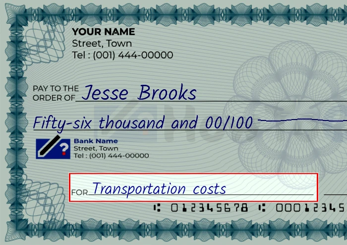 Step 5: Fill out the memo on the 56000 dollar check, showing a check with 'Transportation costs' written in the memo field